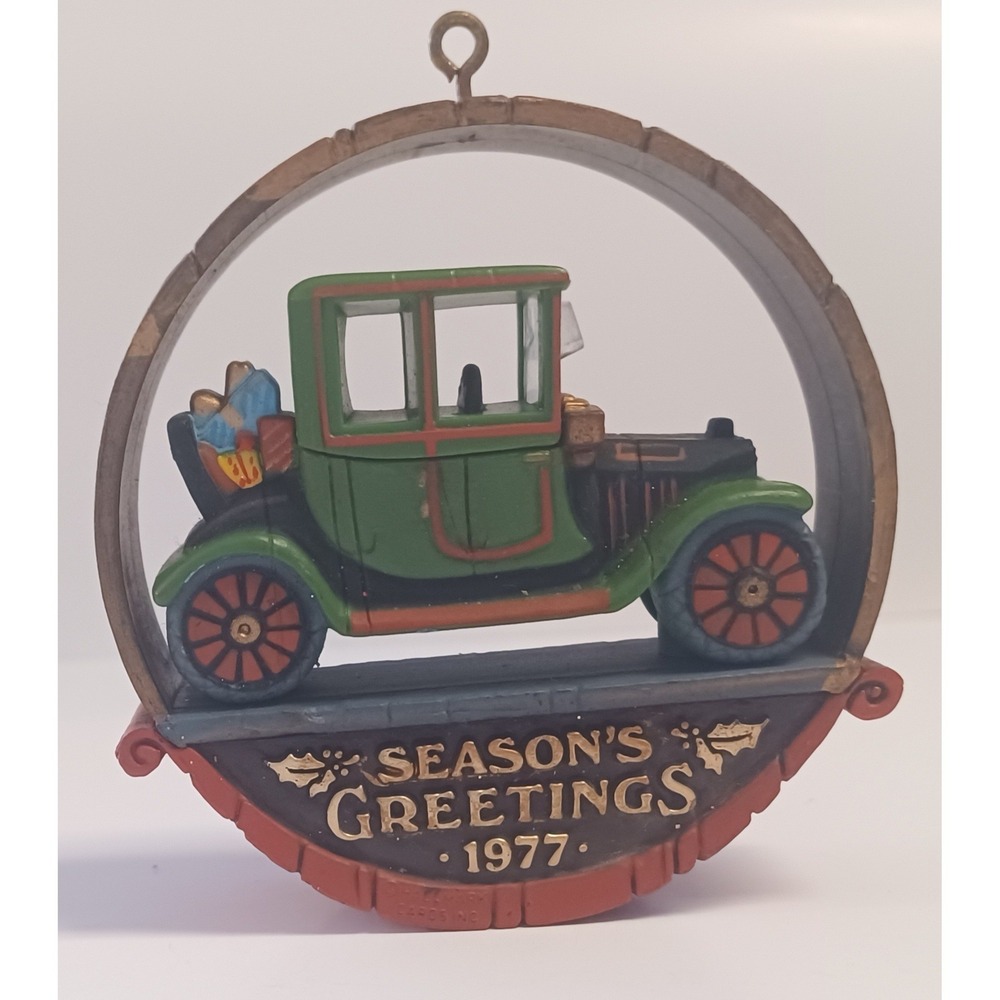 Vintage 1977 Hallmark Nostalgia Antique Car Seasons Greeting Christmas Ornament
